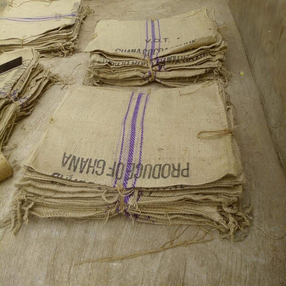 Bundles of folded jute sacks tied and stacked