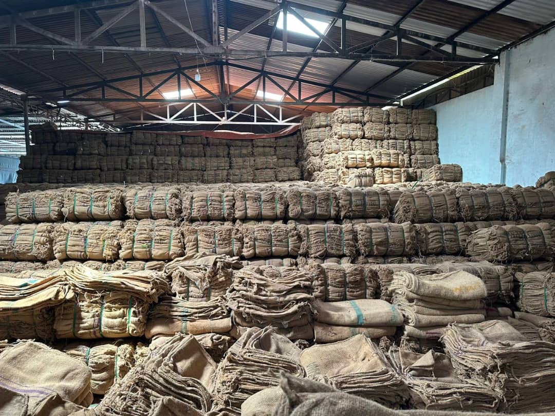 Afrique Agro warehouse stacked with jute commodity sacks